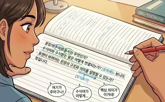 고등학교 영어 내신에서 본문 해석과 문장 구조 분석, 어휘 반복 학습, 문법 적용 및 서술형 대비가 필요하거나 고등학교 1학...