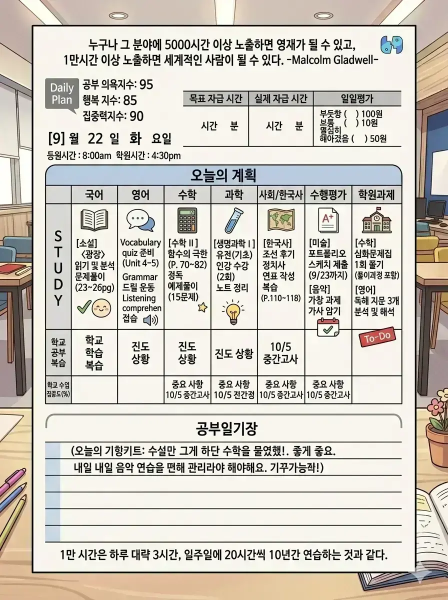 공부 계획은 세우지만 실천이 어렵거나 학습량에 비해 성적 향상이 더딘 초등·중등·고등학생 및 자기주도학습 습관 형성과 체...